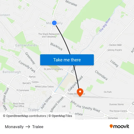 Monavally to Tralee map