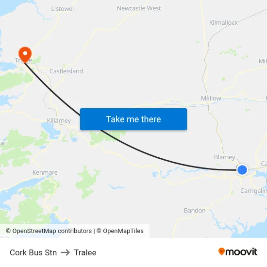 Cork Bus Stn to Tralee map