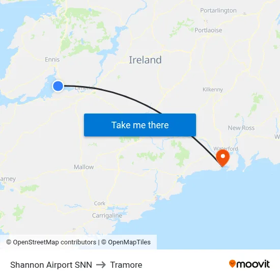 Shannon Airport SNN to Tramore map