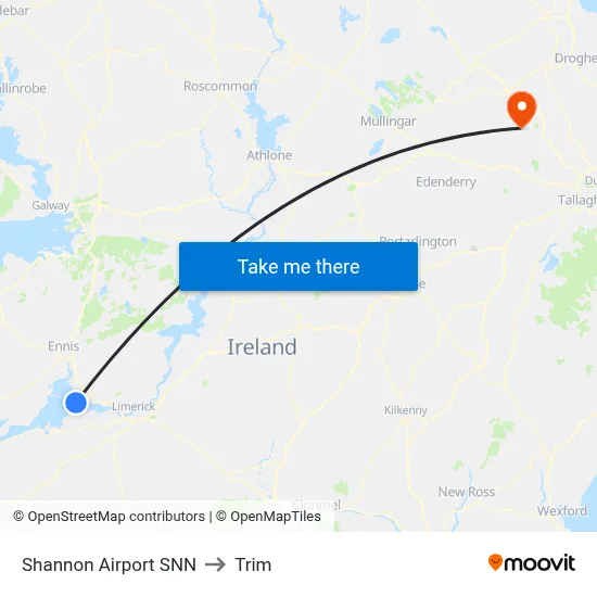 Shannon Airport SNN to Trim map