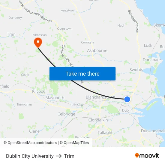 Dublin City University to Trim map