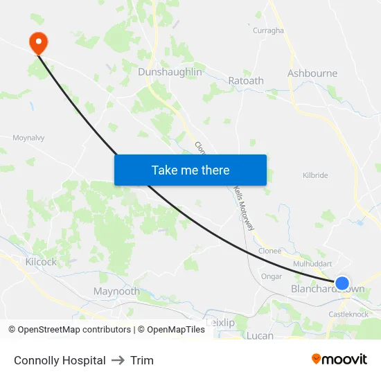 Connolly Hospital to Trim map