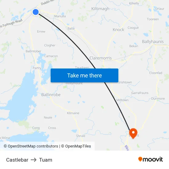 Castlebar to Tuam map