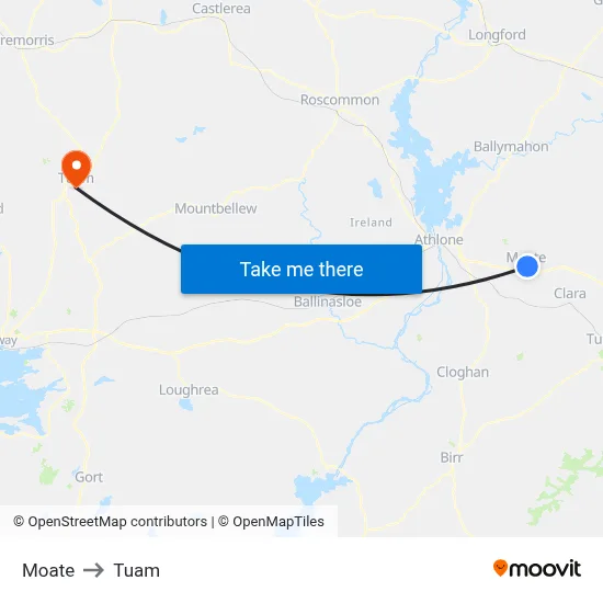 Moate to Tuam map