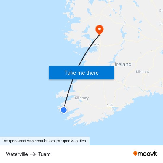 Waterville to Tuam map