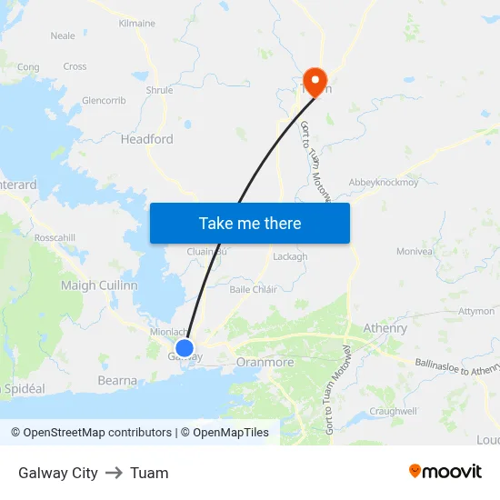 Galway City to Tuam map