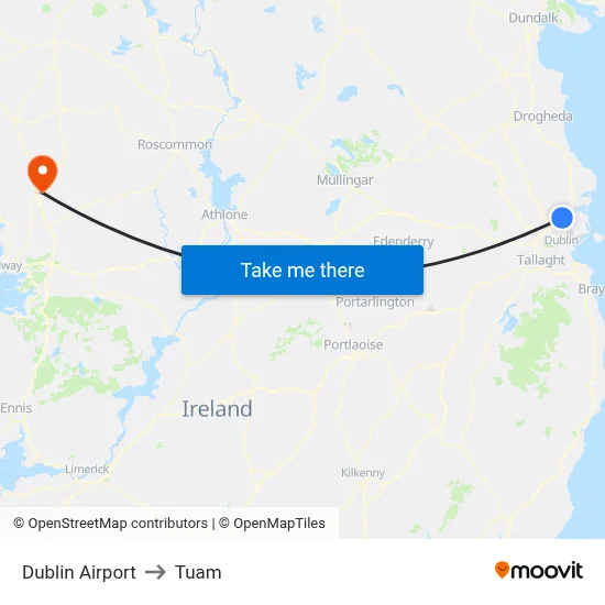 Dublin Airport to Tuam map