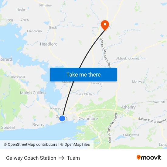 Galway Coach Station to Tuam map