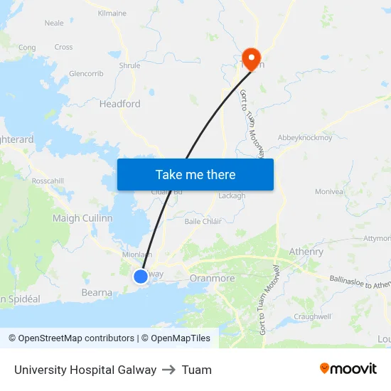 University Hospital Galway to Tuam map