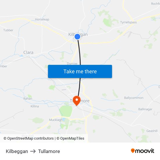 Kilbeggan to Tullamore map