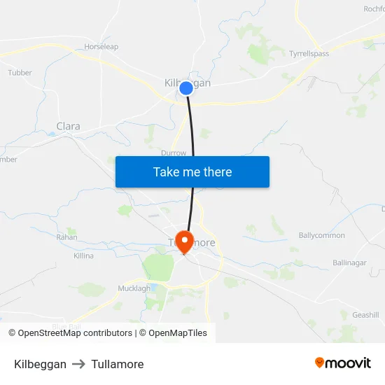Kilbeggan to Tullamore map