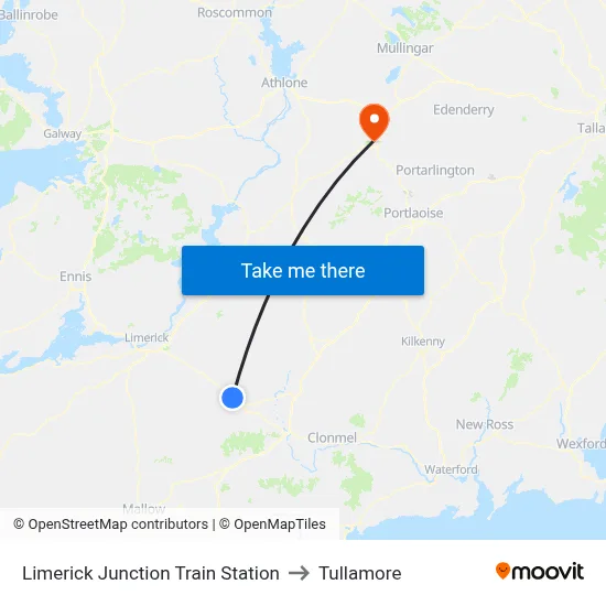Limerick Junction Train Station to Tullamore map