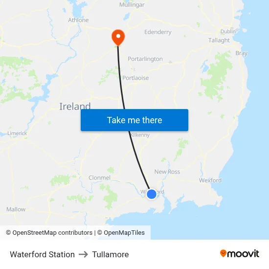 Waterford Station to Tullamore map