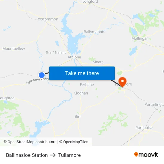 Ballinasloe Station to Tullamore map