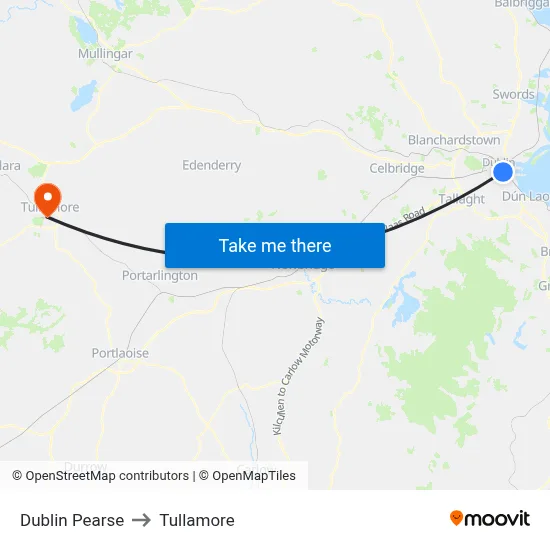 Dublin Pearse to Tullamore map