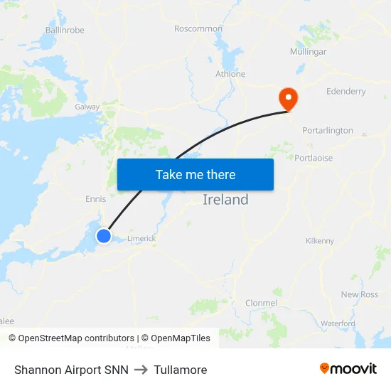 Shannon Airport SNN to Tullamore map