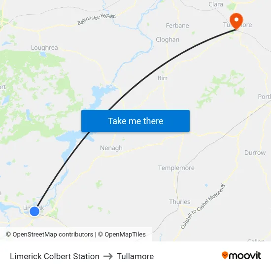 Limerick Colbert Station to Tullamore map
