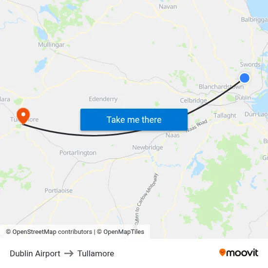 Dublin Airport to Tullamore map