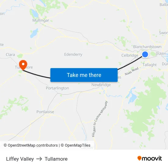 Liffey Valley to Tullamore map