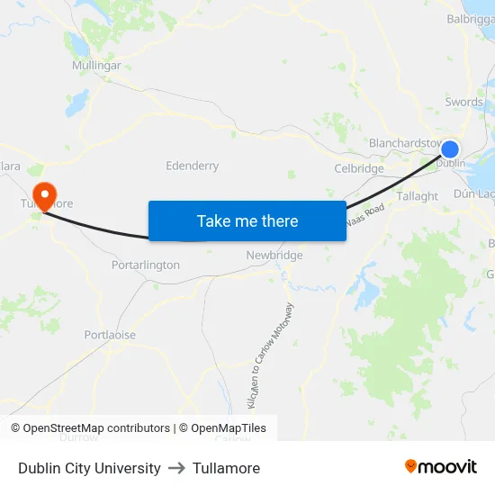 Dublin City University to Tullamore map