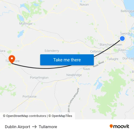 Dublin Airport to Tullamore map