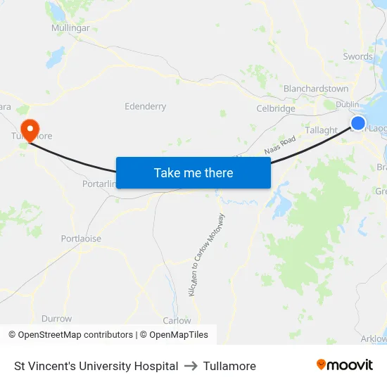 St Vincent's University Hospital to Tullamore map