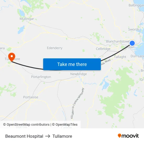 Beaumont Hospital to Tullamore map