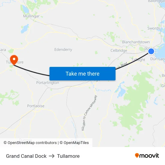 Grand Canal Dock to Tullamore map