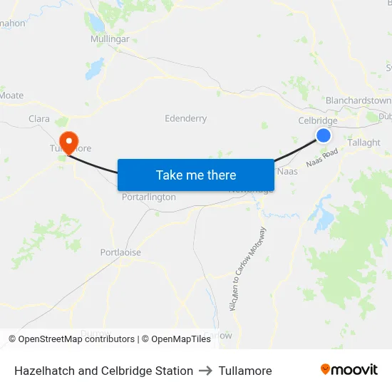 Hazelhatch and Celbridge Station to Tullamore map