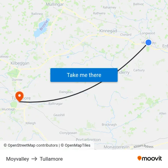 Moyvalley to Tullamore map
