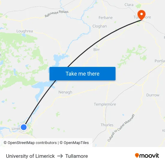 University of Limerick to Tullamore map