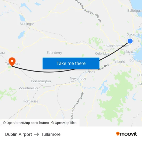 Dublin Airport to Tullamore map