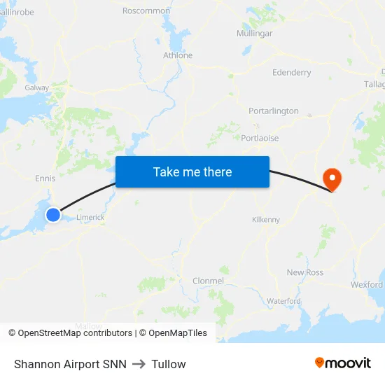 Shannon Airport SNN to Tullow map