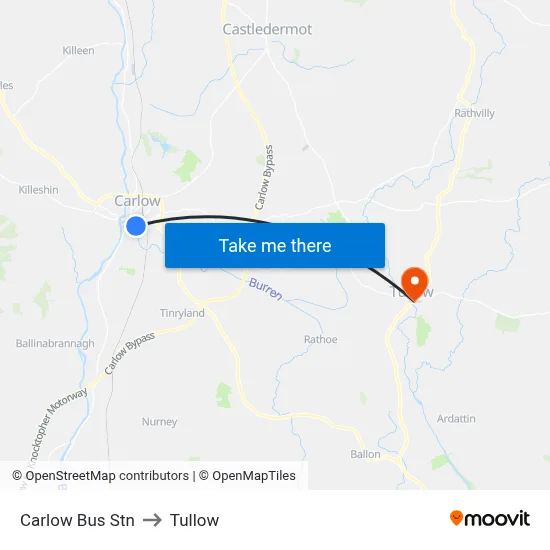 Carlow Bus Stn to Tullow map