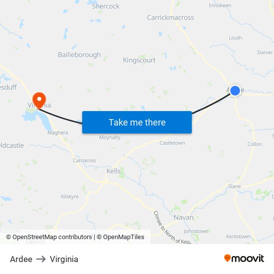Ardee to Virginia map
