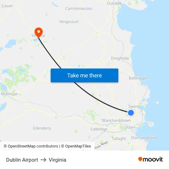 Dublin Airport to Virginia map