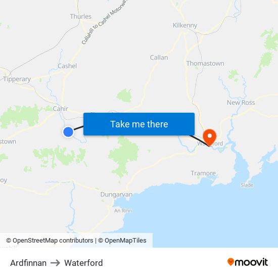 Ardfinnan to Waterford map