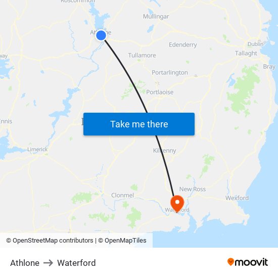 Athlone to Waterford map