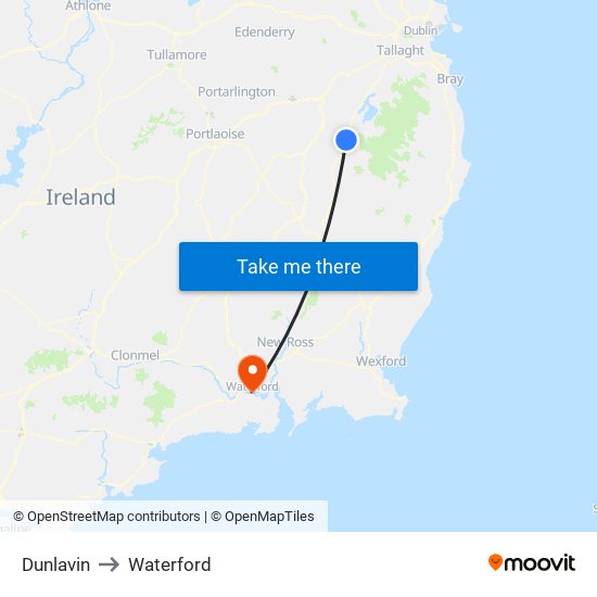 Dunlavin to Waterford map