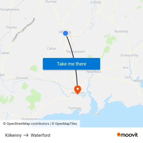 Kilkenny to Waterford map