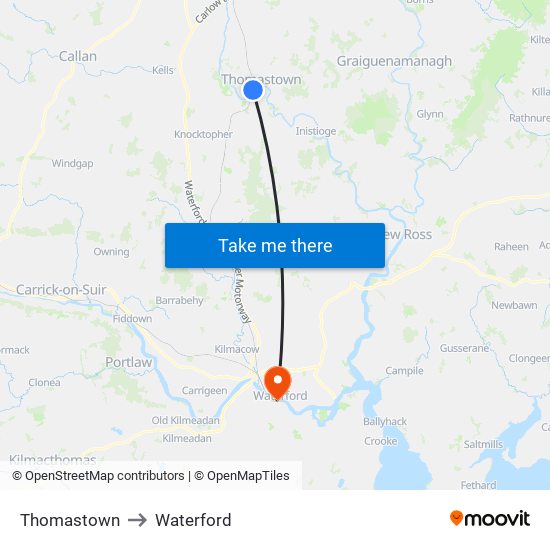 Thomastown to Waterford map