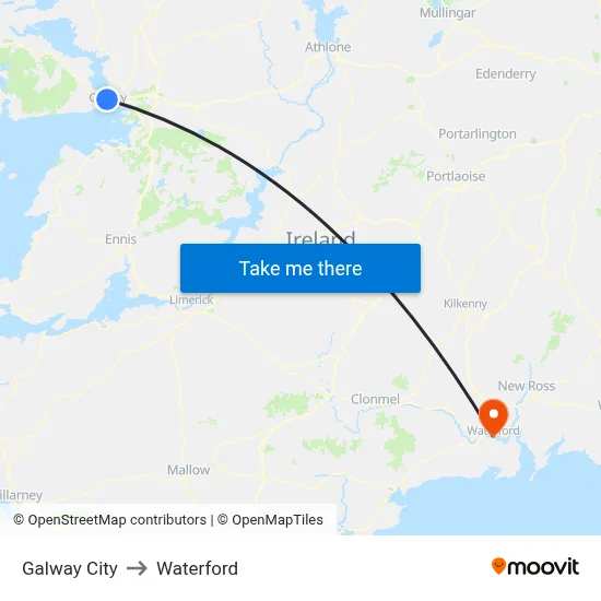 Galway City to Waterford map