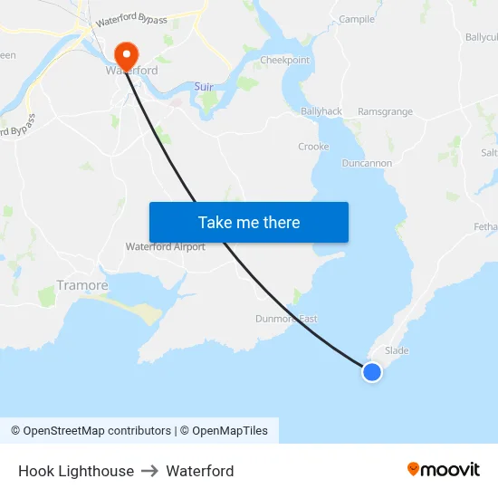 Hook Lighthouse to Waterford map