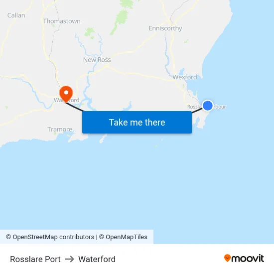 Rosslare Port to Waterford map