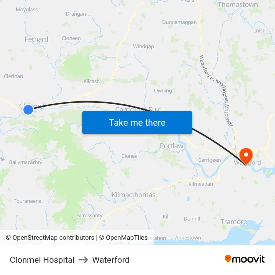 Clonmel Hospital to Waterford map