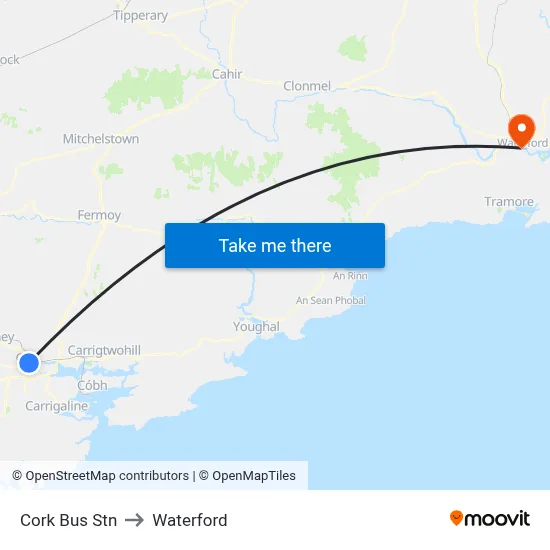 Cork Bus Stn to Waterford map