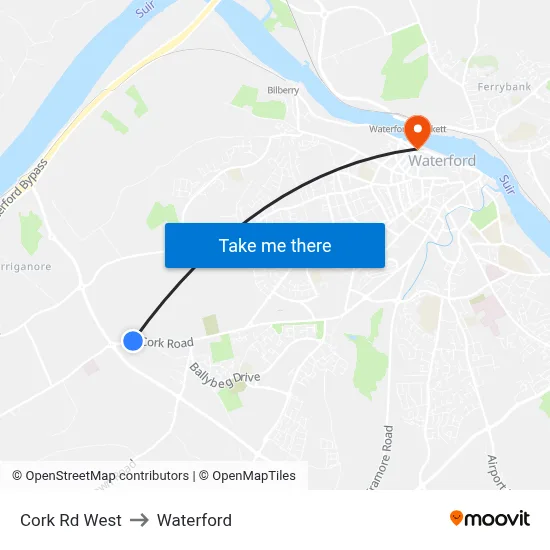 Cork Rd West to Waterford map