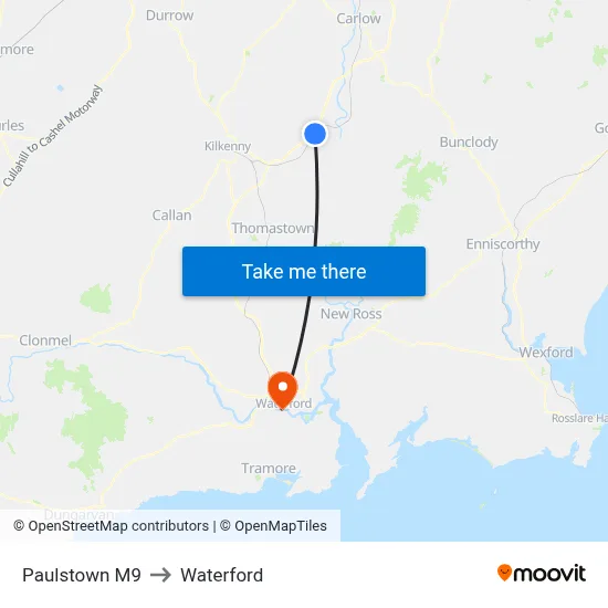 Paulstown M9 to Waterford map