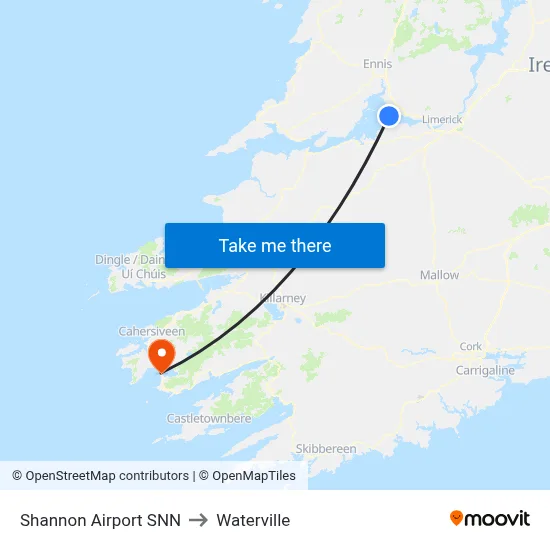 Shannon Airport SNN to Waterville map