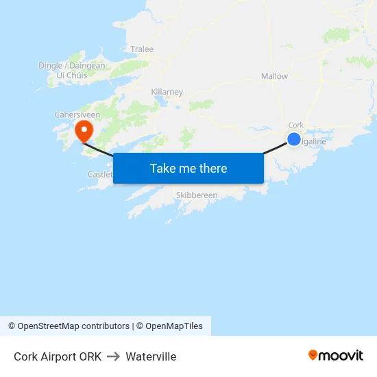 Cork Airport ORK to Waterville map
